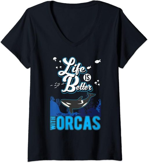 Womens Life is better with Orcas V-Neck T-Shirt