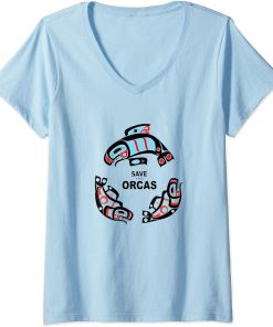 Womens Save the Orcas NW Coast Indian Formline Style V-Neck T-Shirt