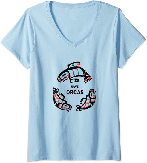 Womens Save the Orcas NW Coast Indian Formline Style V-Neck T-Shirt