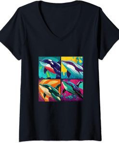 Womens Orca Whale Pop Art Design Illustration Colorful Animal Women V-Neck T-Shirt