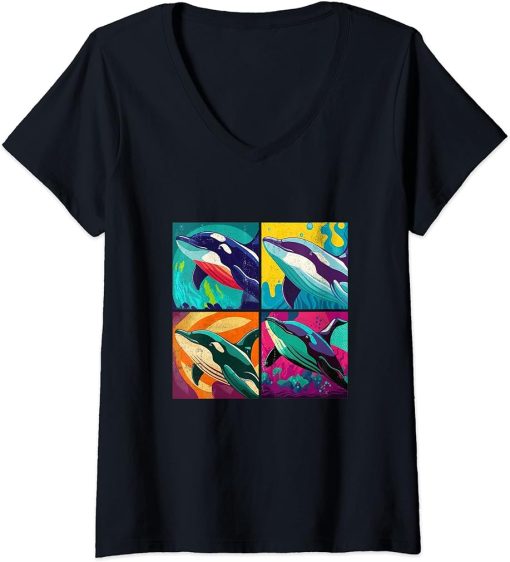 Womens Orca Whale Pop Art Design Illustration Colorful Animal Women V-Neck T-Shirt