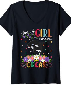 Womens Orca Fish Lover Just A Girl Who Loves Orcas V-Neck T-Shirt